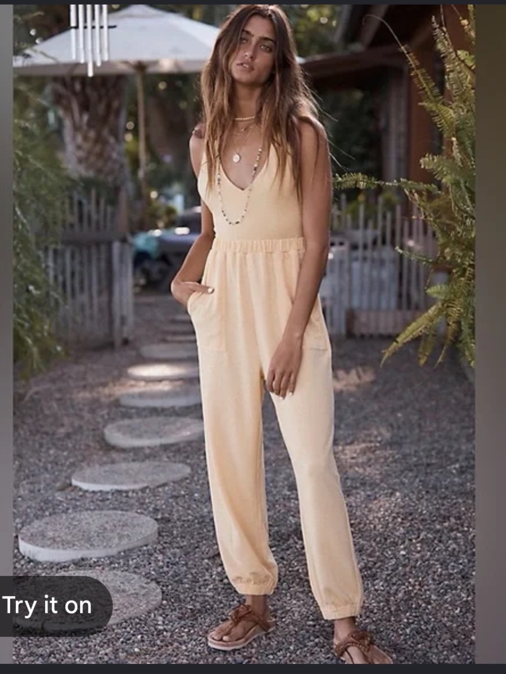 Sleeveless Blush FP Beach Pink V-Neck Jumpsuit with Elastic Waist